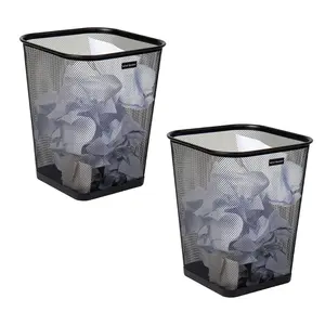 Mesh Trash Can Set of 2 - Square Waste Paper Basket for Office, Black, Metal Mesh, 9.75"L x 9.75"W x 12.25"H - Ornaments, Decor