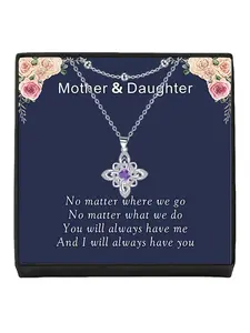 Amethyst Four-Leaf Lucky Necklace 2-Piece Celtic Knot Wreath Double Layer Stackable Necklace, Luxury Inlaid Zircon Clavicle Chain, Includes Greeting Card for Mom or Daughter, Perfect Mystery Gift for Daughters & Mother’s Day