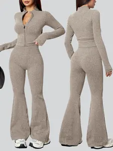 Women's Sportswear Set, Sexy Casual Fitness, Tight Elasticity Bootie Women Zipper Sports Top Set, Autumn Winter Ladies Sportwear, Solid Tracksuit Set, Sweatsuit Sets