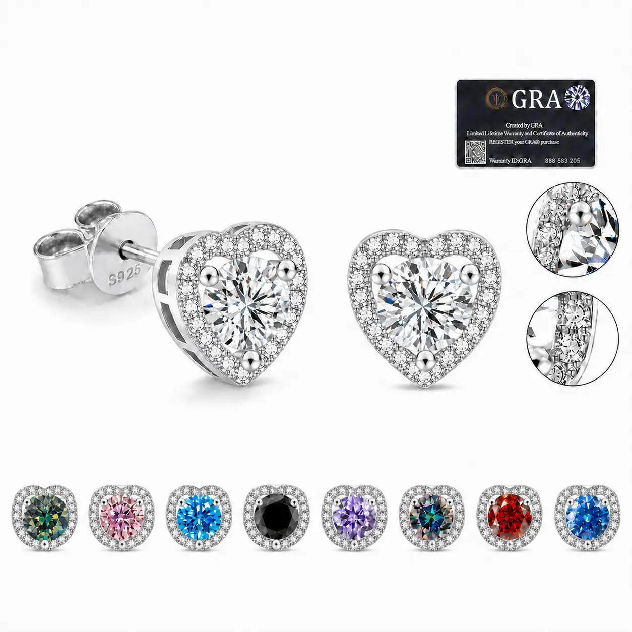 Women's S925 Sterling Silver Heart Halo 3-Prong Round Moissanite Stud Earrings with Butterfly Back, Lab-Created Multicolor Artificial Gemstone Jewelry for Birthday Anniversary Gifts