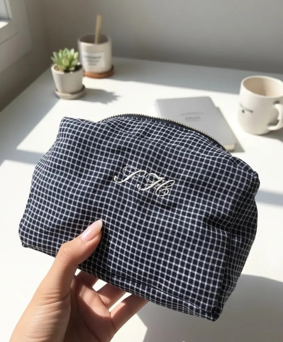 Custom Embroidered Makeup Bag with Initials Plaid Design Monogram Travel Cosmetic Bag Perfect Gift for Her Embroidered Travel Bag