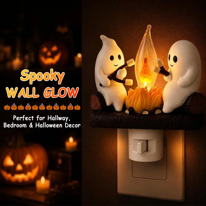 Cute Ghost Campfire Night Light, Plug-in Flickering Flame LED Nightlight, Halloween 3D Cute Spooky  Ghost Decoration for Bedroom, Cozy Indoor Home Decor, Fun Seasonal Gift for Kids & Adults
