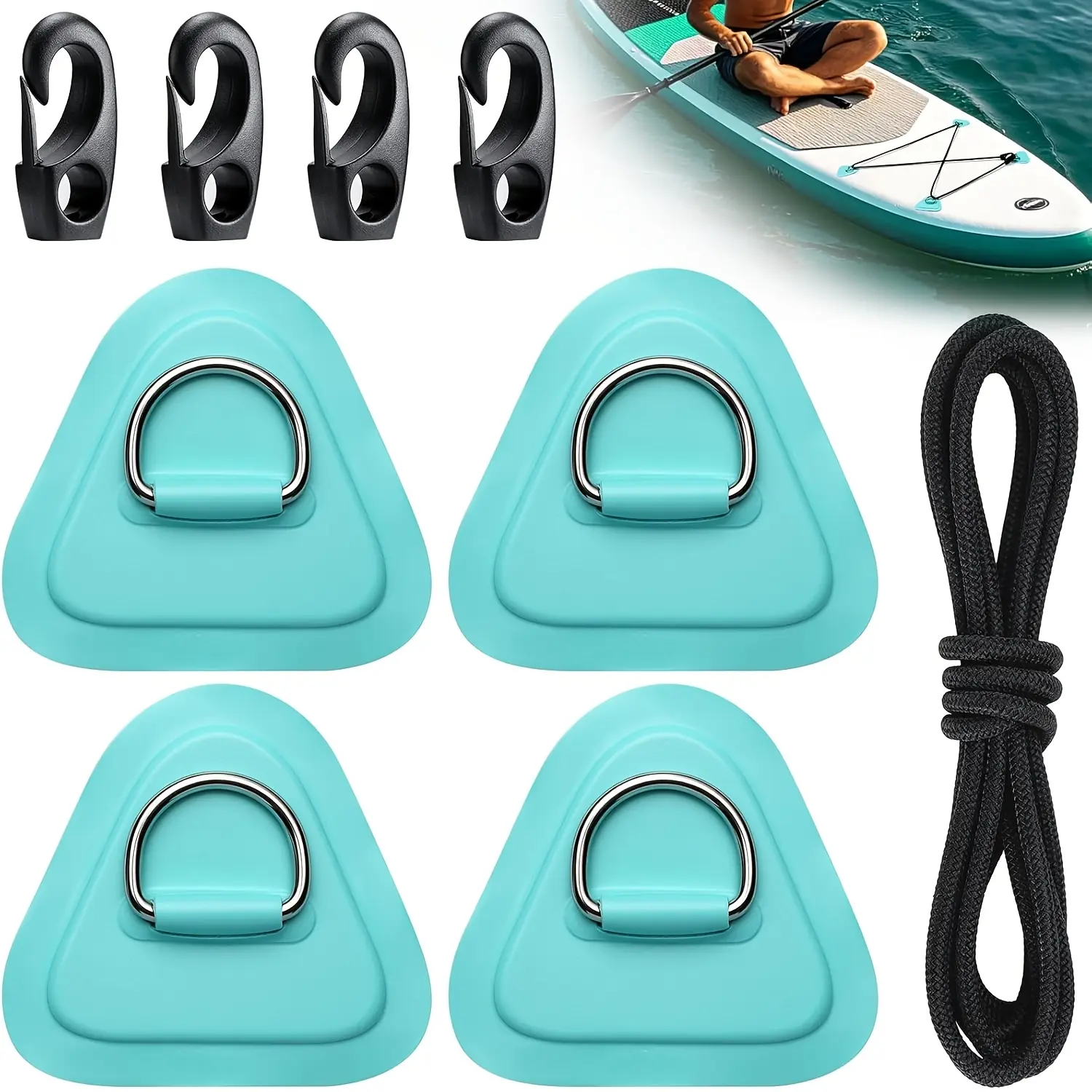 4pcs Stainless Steel D-Ring Patch Set with 8.2ft Bungee Cord, Water Sports Kayak Storage Fastening Accessories for Inflatable Paddle Board/SUP/Inflatable Boat, Glue Not Included