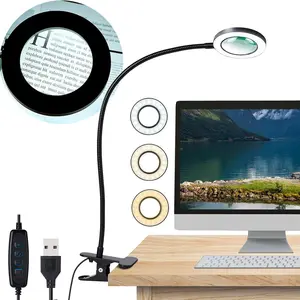 5x Magnifying Glass with Light Clip-On Lamp, 3 Color Modes, Adjustable Brightness, Flexible Neck, LED Desk Lamp for Reading & Crafts, Modern Computer Lamp, Adjustable Laptop Light