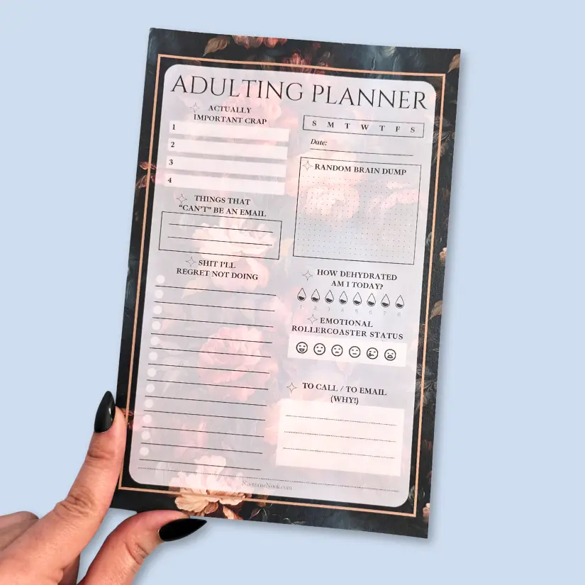 Floral Adulting Personal Organiser Notepad, Dark Florals Aesthetic Office Stationery, Planning & Organising Tool for Adults