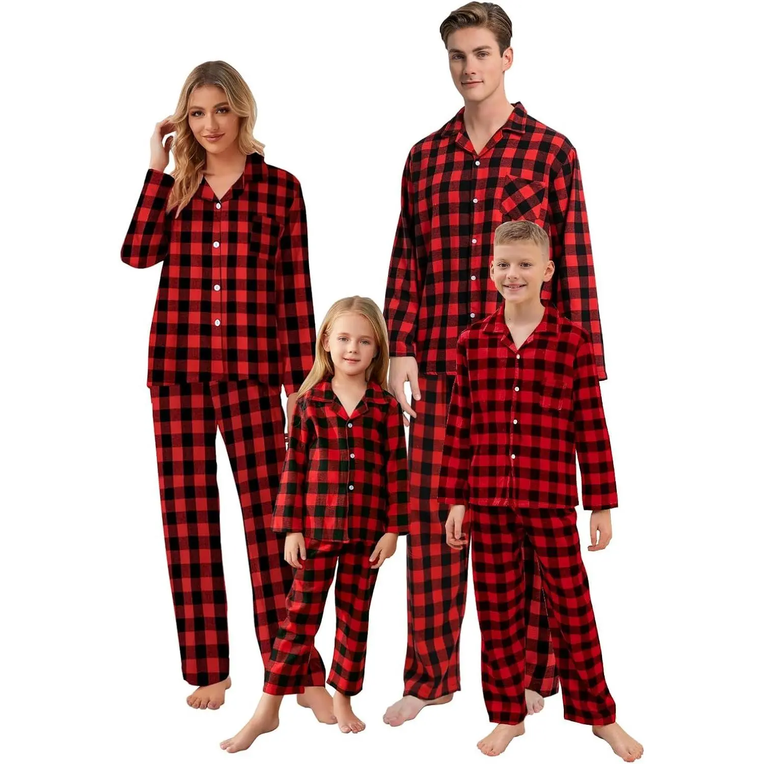 Men's Red Plaid Pyjamas in Breathable Cotton Blend Fabric, 2-Piece Nightwear Set with Long Sleeves & Button Closure for Holiday Party, Menswear