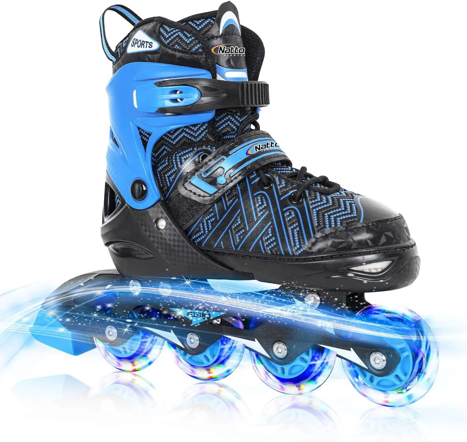 Nattork Adjustable Inline Skates for Toddlers+ Kids Beginners, Blue, Breathable Mesh, 4 Size Adjustment, 1-Push Size Change, 82a High-Elasticity PU Wheels, ABEC-7 Bearings, Buckle, Comfortable Fit, Indoor/Outdoor Skating - Model131, Eight Shiny Wheels