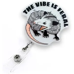 The Vibe is Feral Badge Reel Retractable for Nurse   Worker &  Student | Funny Opossum Nurse ID Name Badge Holder with  Clip & 24" Durable Nylon Retractable Cord |