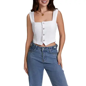 Ladies Female Women's Denim Tank TopsFit Square Neck Backless Back Shirred Sleeveless Button Down Crop Tops for Party Club Night White