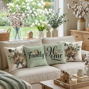 Set of 4 Decorative Spring Wreath Pillow Covers - Eucalyptus Cotton & Sage Green Home Family Quote Linen Cushion Case for Farmhouse Decor Room Bedroom Sofa Chair Car Home Textile 0127YC