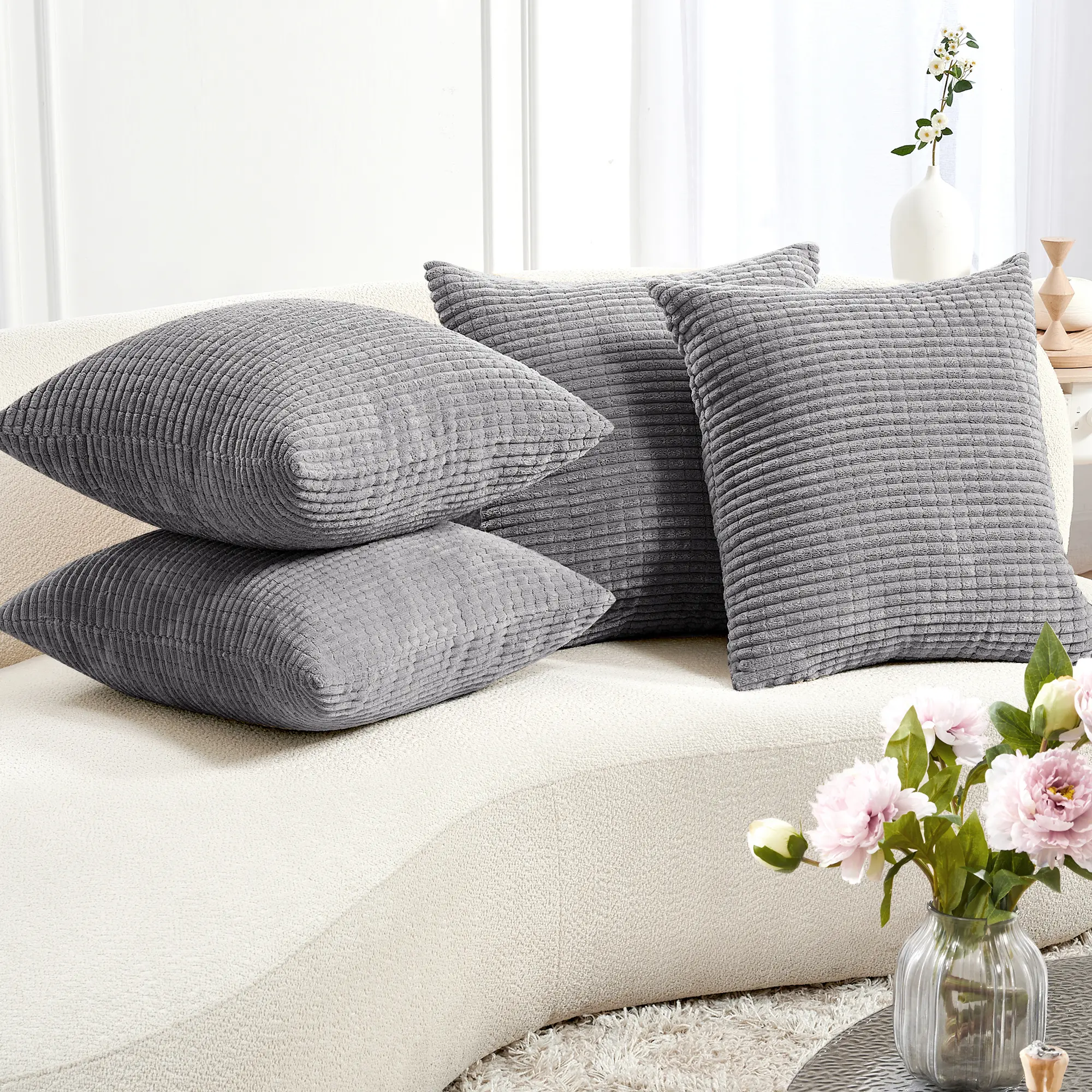 Deconovo 4-Pack Soft Corduroy Striped Throw Pillow Covers, Removable Couch Cushion Covers for Sofa, Bedroom, Removable Cushion Covers
