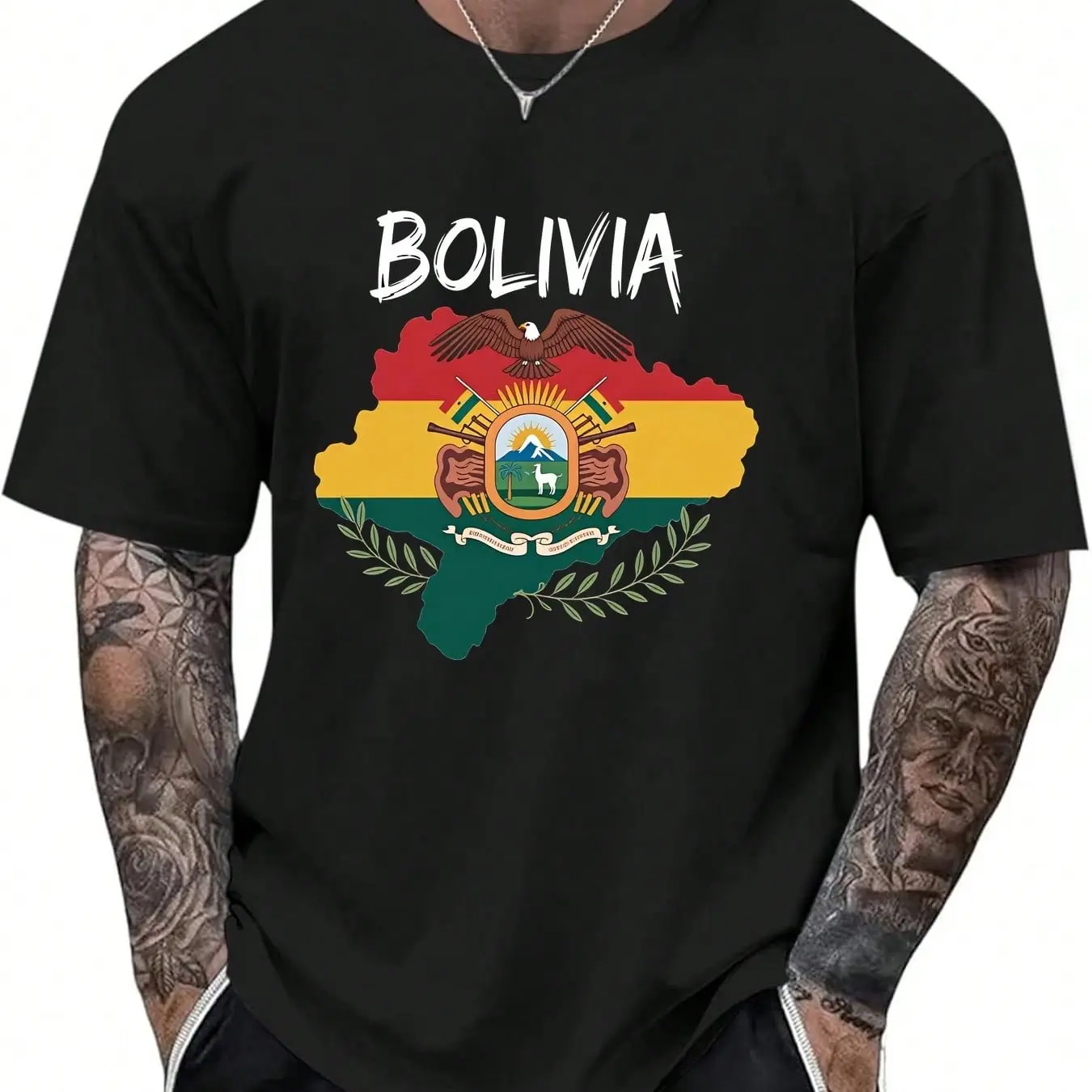 Men's Round Neck Short-Sleeve T-Shirt, Menswear Top with Colorful Bolivia National Emblem Map Graphic Print & Bold Brushstrokes, Stylish Casual Summer Everyday Wear