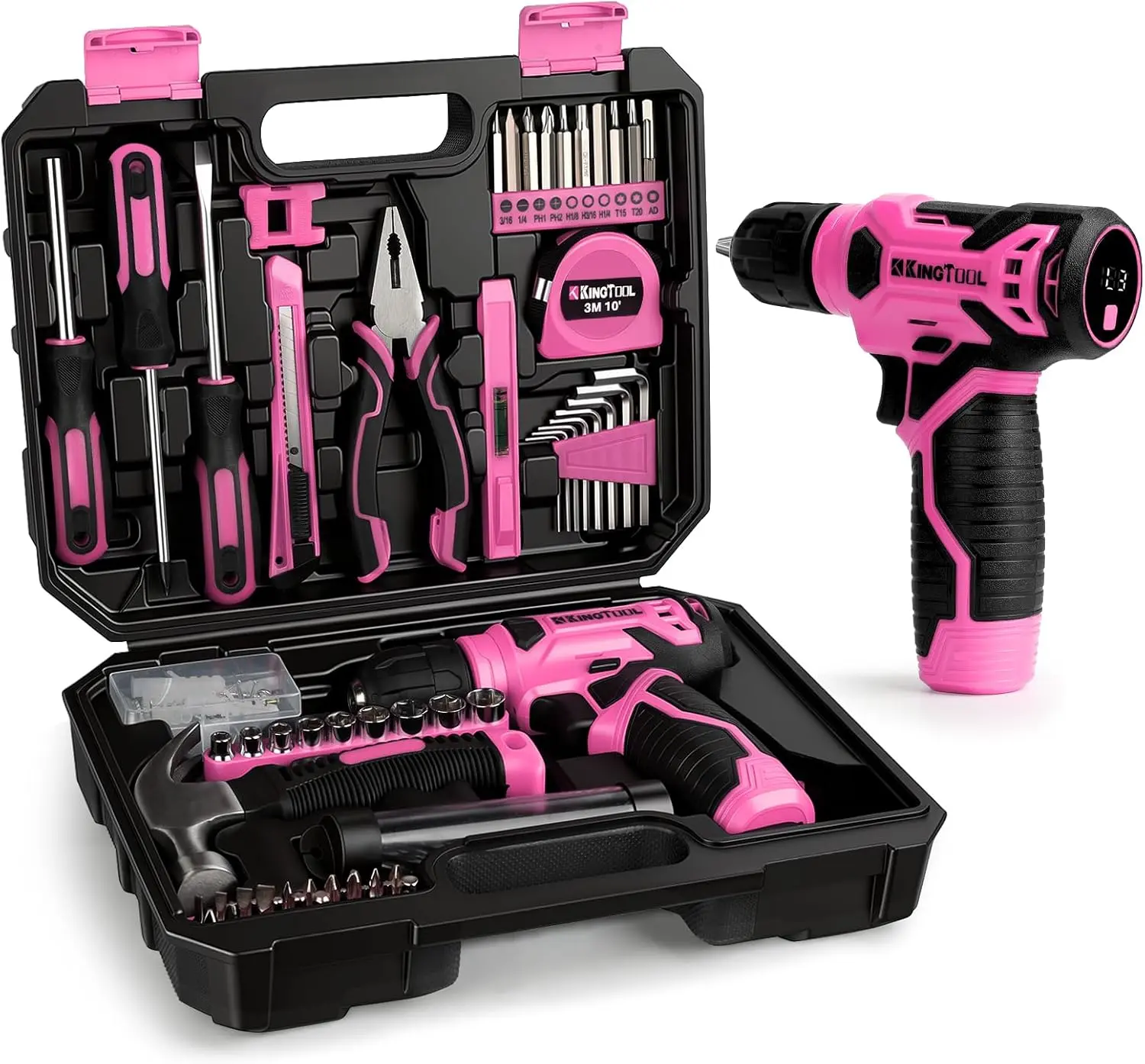 KingTool 156-Piece Pink Tool Kit, 8V Cordless Drill for Home Repairs & DIY