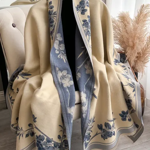 Women's Elegant Floral Print Scarf, Shawl Wrap, Fashion Shawl, Floral Pattern Shawl, Soft Woven Fabric, Fitted Design, Warm Fall & Winter Accessory, Fringe Detail, Perfect Holiday Gift