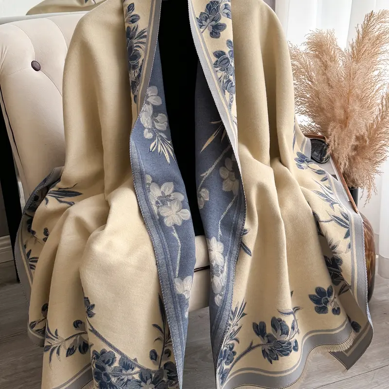 Women's Elegant Floral Print Scarf, Shawl Wrap, Fashion Shawl, Floral Pattern Shawl, Soft Woven Fabric, Fitted Design, Warm Fall & Winter Accessory, Fringe Detail, Perfect Holiday Gift