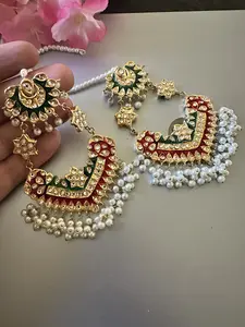 Handmade Indian Drop Earrings for Wedding and Parties - Traditional Design with Pearl Accents and Colorful Motifs for Female