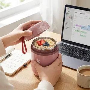 Vacuum Insulated Food Container for Hot Food 304 Stainless Steel Thermal Wide Mouth Food Jar with Foldable Spoon Portable Meal Thermoses with Silicone Handle for School Office Work