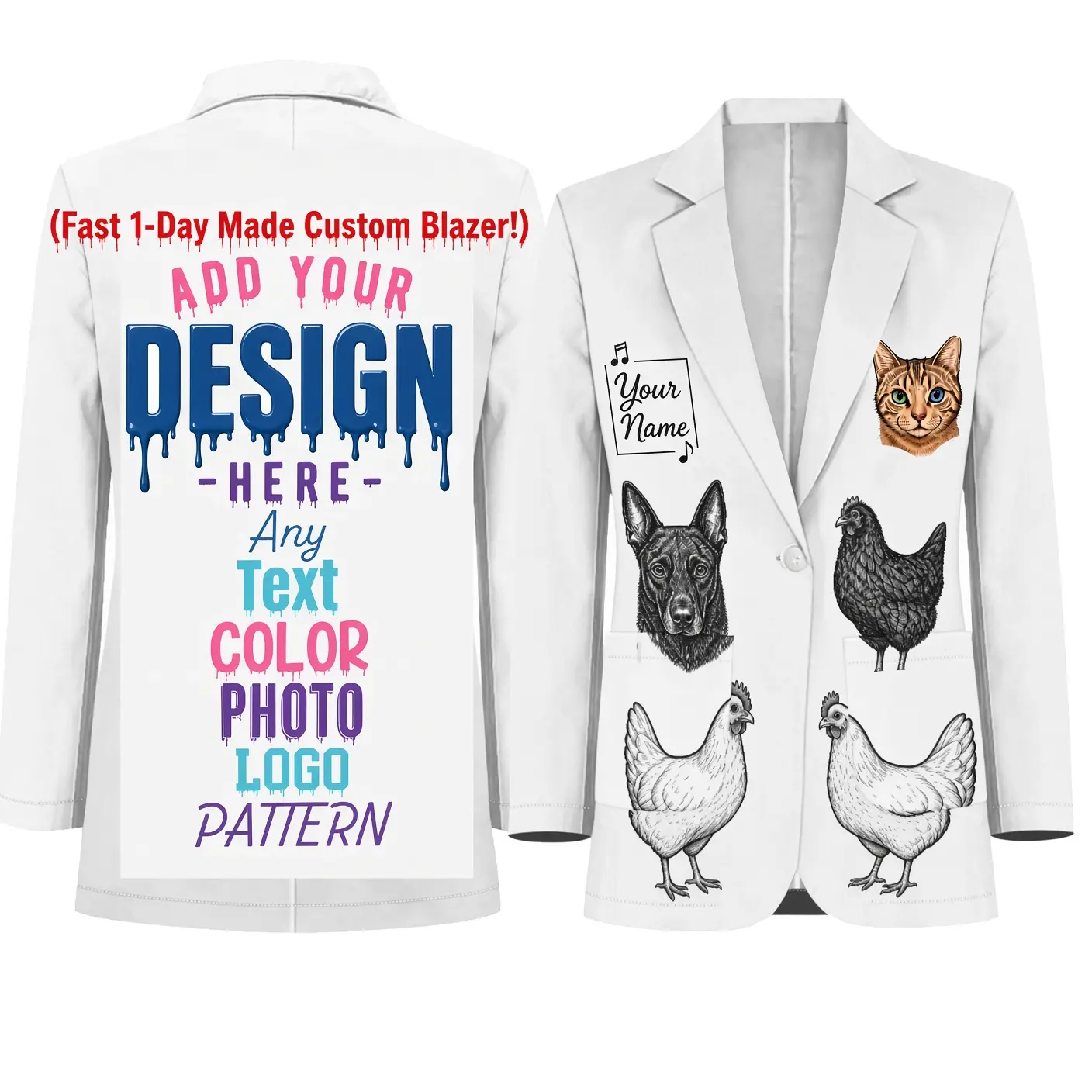 Custom Blazer with Your Photo, Logo or Text Printed On It, Black or White Coat, Made in USA, Fast 1 Day Rush, Men and Women