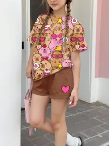 Summer 2-Piece Set Cute Kirby Print Teen Girls Simple Short Sleeve Top Shorts Set, Retro Street Style, Comfortable Fashion, Casual Outfit Set