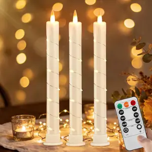 3 count Flameless Taper Candle with Remote,  , Timer, 3  ABS Candlesticks, 11 Mini Surround String Lights, 9.4 Inch LED Candles for Wedding, Birthday Party, Prom,  Decor