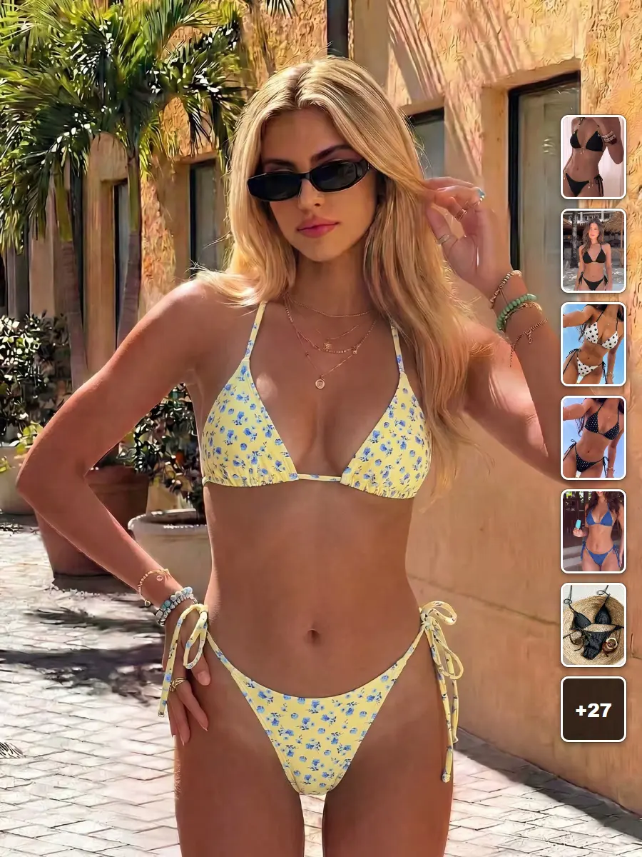 Push Up Two Piece Swimsuit Ditsy Floral Yellow Beach Vacation Summer Holiday