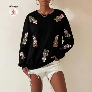 Women's Christmas Loose Sweatshirt Long Sleeve Round Neck Sequins Gingerbread Man Pullover