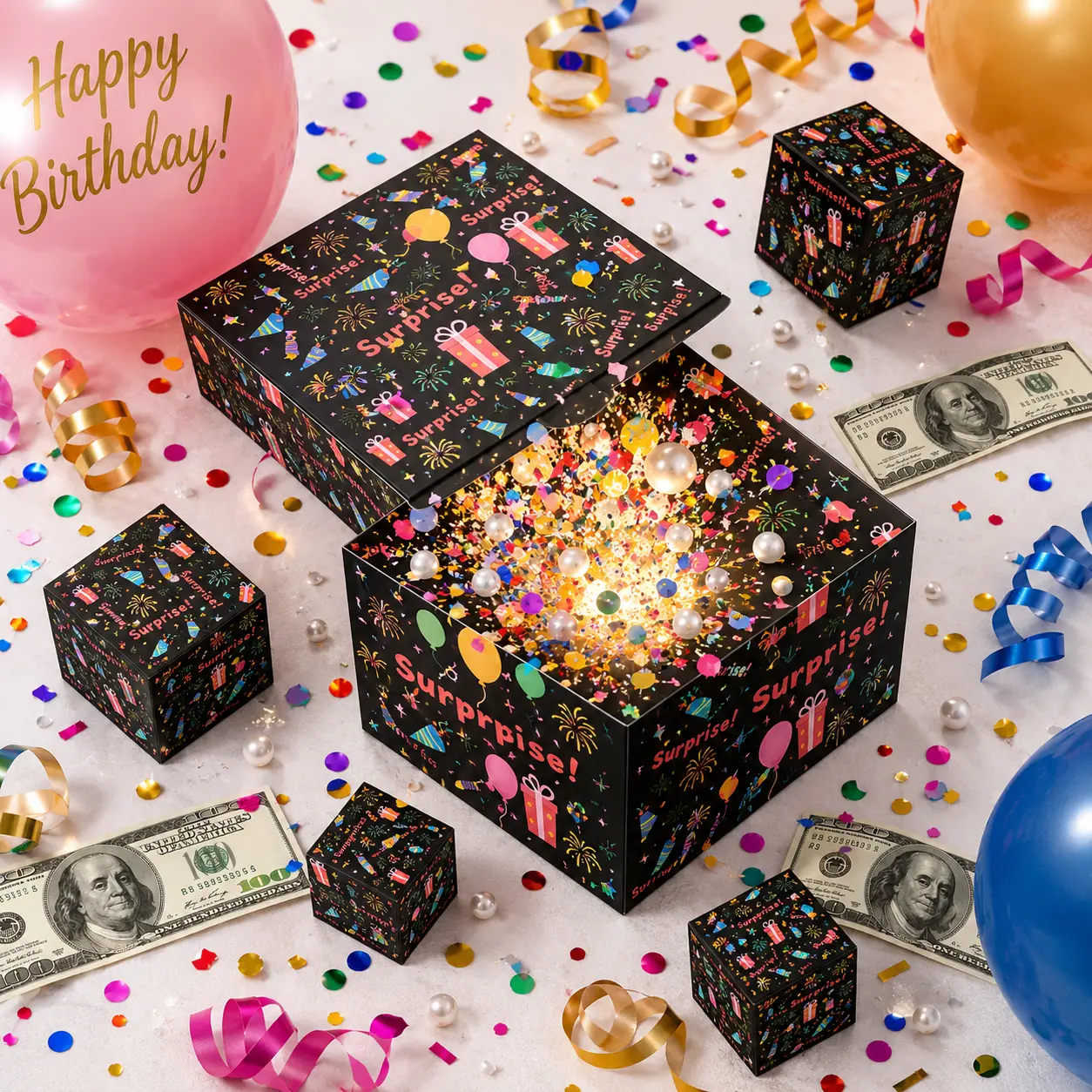 Cardboard Cash Surprise Explosion Box with Confetti - Pop-Up Money Holder for Birthday Celebration, Festive Occasions, DIY Colorful Photo Gift for Women