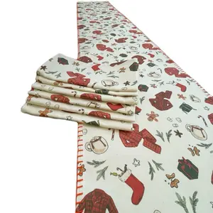Christmas Morning 74” Cotton Table Runner w/6 cotton Napkins