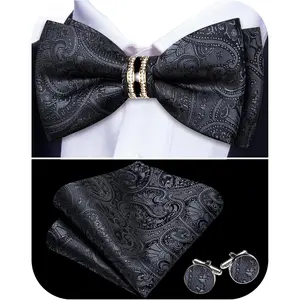 Mens Bow Tie Set Paisley Pre-tied Bowties Adjustable with Handkerchief Cufflinks Gold Ring Set Wedding Prom Party
