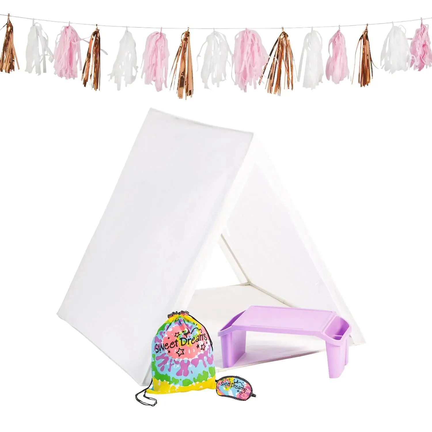 1-Guest Ultimate Sleepover Tent Kit - 5-Pc Plastic Set with Eye Garland, Tassel Garland, Drawstring, Tie Dye Design, Simple Setup for Party Decor, Gifts, Festive Home Supplies