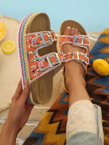 Women's Ethnic Style Embroidered Rhinestone Thick Sole Sandals, Trendy Sandals, Dual Buckle Woven Edge Beach Flip Flops, Comfortable Summer Footwear