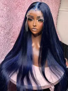 Soft No Glue Pre-Bleached 26 Inch Long 180% Density Daily Gradient Blue Straight Hair 13x4x1 Lace Front Wig, High Temperature Resistant