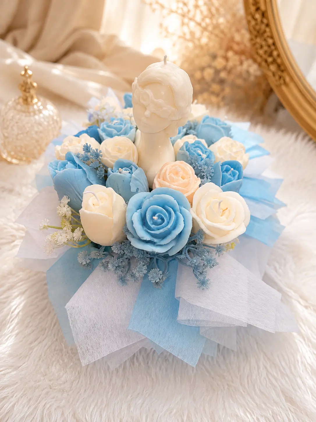 Blue Goddess Candle Bouquet - Handmade Ballerina Bust Candle with Blue Roses - Luxury Decorative Candle for Vanity Decor