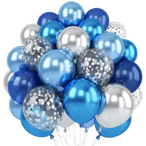 Blue Silver Balloons Set, 12 Inch Blue And Silver Balloons Dark Navy And Confetti Party Latex Balloon, Macaron Metallic Baby Blue Mixed Balloon For Birthday Graduation Baby Shower Wedding Retirement