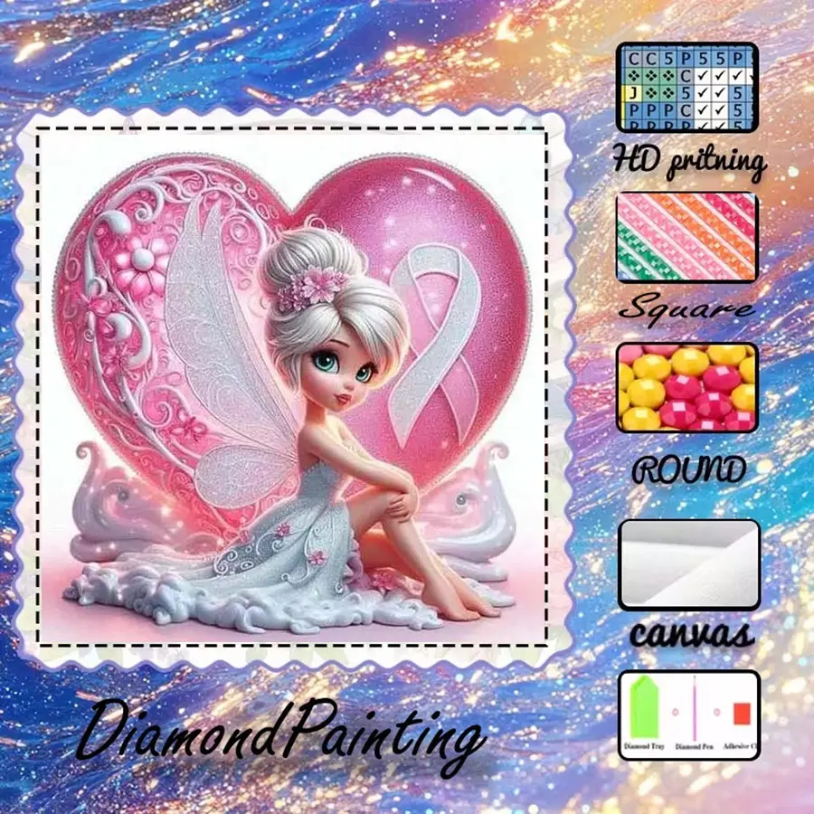 5D-DIY, high-grade velvet canvas, diamond art, diamond painting kit, pink heart, winged fairy, ribbon elements AB diamonds, fairy dust diamonds, crystal diamonds, perfect home decor, handmade diamond art painting kit, special craft diamond art kit