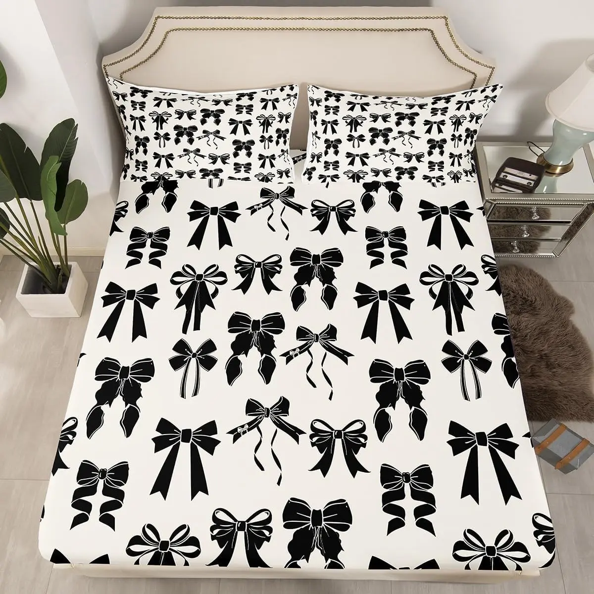 Feelyou Black Bowknot Decorative Bedding Set - Microfiber Sheets & Pillowcases, Deep Pocket Bright Cozy Artistic Comfortable Fitted Sheet with Elastic Fit, Ideal for Teen Bedroom Decor, Bright Fitted Sheets