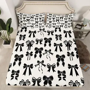 Feelyou Black Bowknot Decorative Bedsheet Sets - Microfiber Bed Sheets, Deep Pocket Fitted Sheet Set with Elastic Fit, Cute Bedding for Teens, Ideal for Bedroom Decor