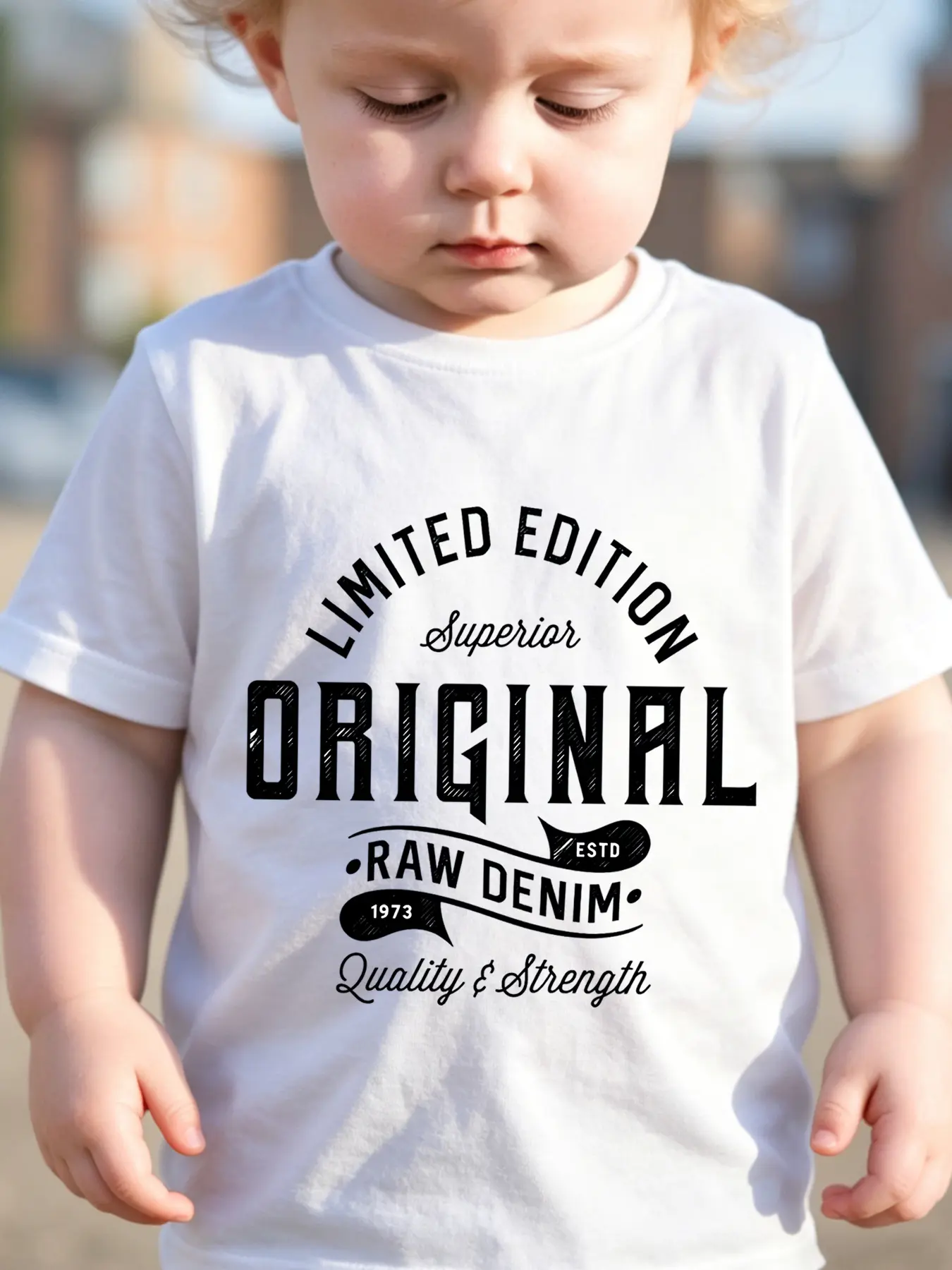 PUEMCO Toddler Short Sleeve T‑Shirt, Vintage Limited Edition Original Raw Denim 1973 Letter Graphic Crew Neck Casual Summer Baby Tee (Only T‑Shirt)