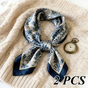 2 Large Square Floral Scarves, Women's Style, French Chic Watercolor Print, Light Satin Hemmed Square Scarf, Versatile Fashion Accessories for Daily Commuting Use