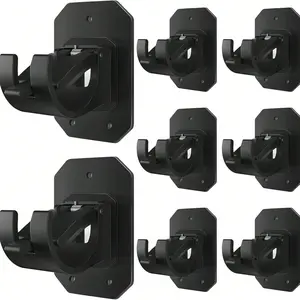 8PCS No Drill Curtain Rod Brackets,Nail Free Adjustable Curtain Rods No Drilling,Self Adhesive Curtain Rod Holder,Perforated Curtain Rod Hook,Non Screw Stick On Sticky Black Drape Pole Hanger
