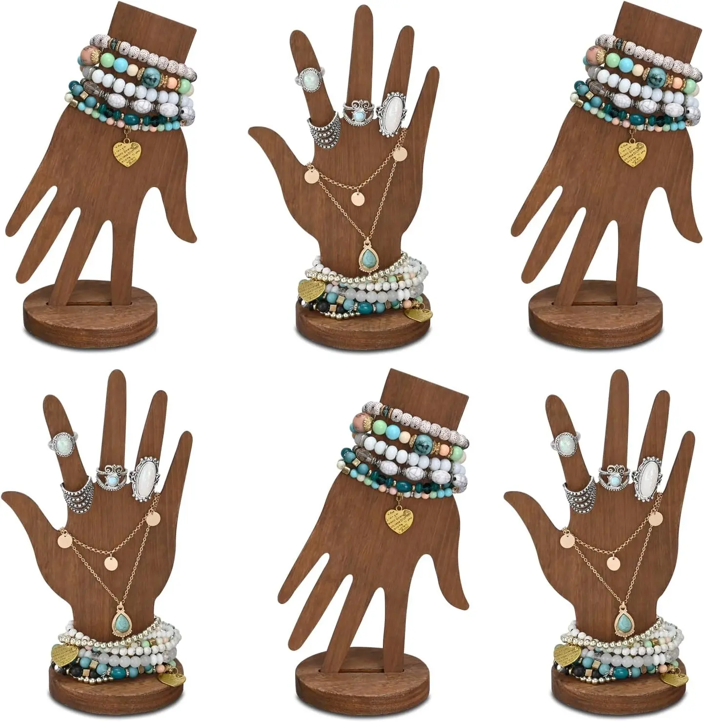 6-Piece Wooden Hand Form Jewelry Display Set - 2-Way Design for Wall Hanging or Standalone Mannequin Finger Hand Display, Brown Color | 6-piece real wood hand display set with sturdy bases offers wall-hanging or freestanding use for rings and jewelry