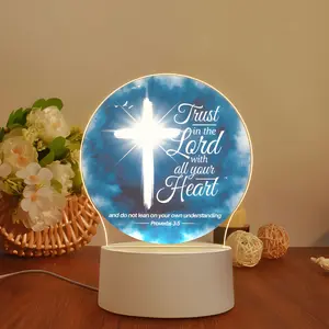 Acrylic Night Light with Cross Pattern, Bible Verse Print, LED Lamp for Home Office Church Desktop Decoration, Christian Gift