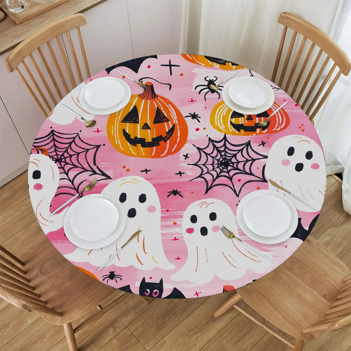 Halloween Pumpkin Ghost Elastic-Edge Fitted Round Circle Tablecloth, Waterproof Kitchen Dining Table Cover, Holiday Party Decor Gift, Fits 40"-44" and 45"-50" Round Tables