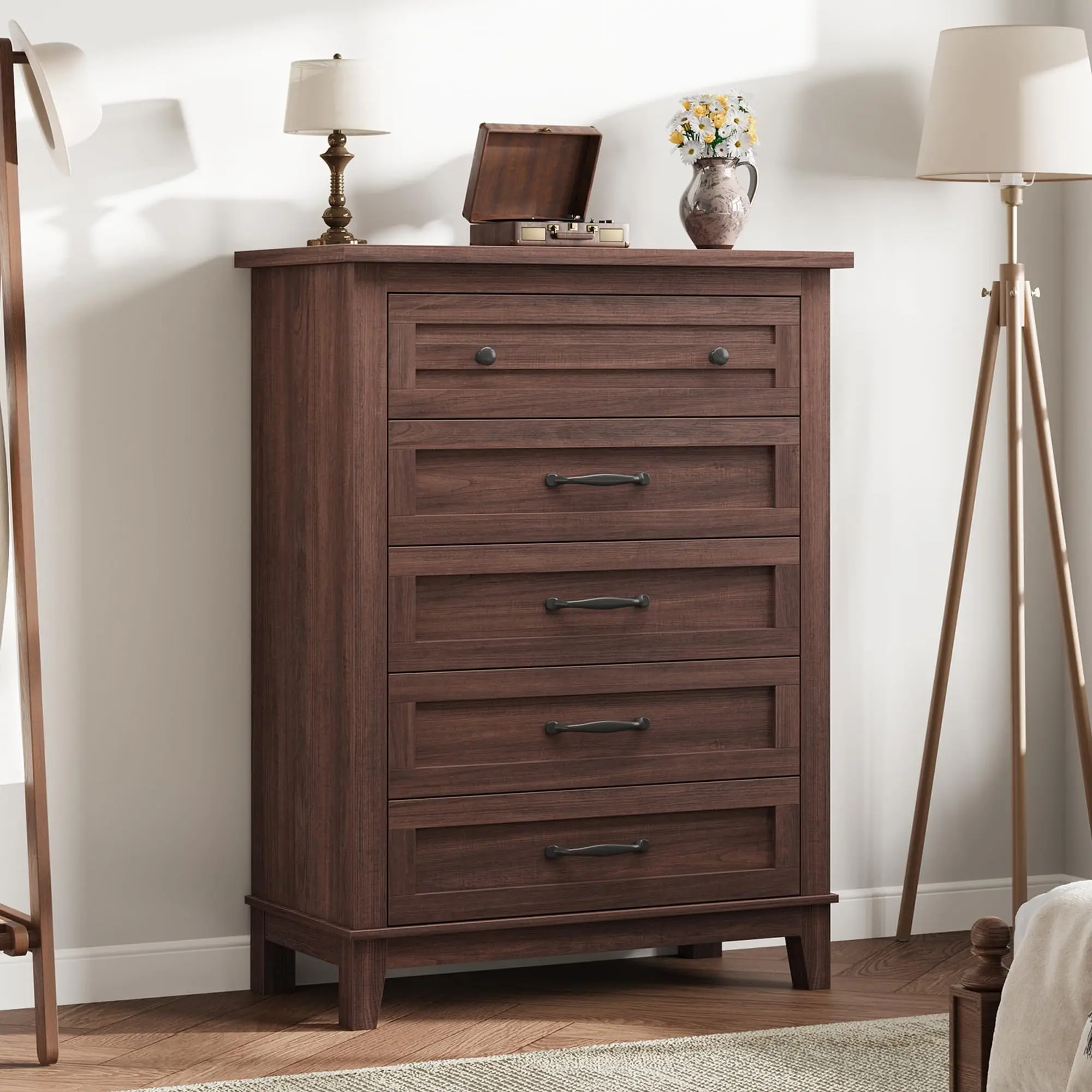 Gaomon 5-Drawer Rectangle Wood Vertical Dresser, 31.5" L x 15.8" W x 41.3" H MDF Free-Standing Single Unit Chest, Concave-Convex Design, Raised Base, Spacious Storage, Easy Assembly for Bedroom, Living Room, Drawers For Bedroom