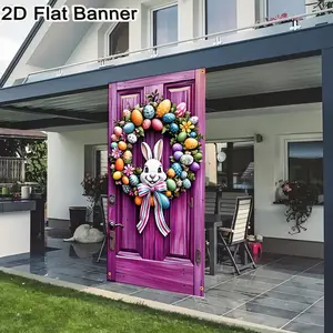 2D flat banner, Hanging Decor, 1pc Easter Wreath for Front Door, Festive Bunny & Colorful Eggs Decoration, Purple Wooden Door Wreath with Striped Bow, Pink Yellow Flowers, Spring Easter Decor, Galentines party decor