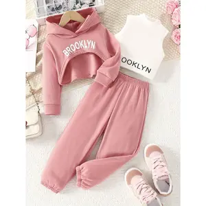 Girls' 3-Piece Polyester Outfit Set - Long-Sleeve Hooded Sweatshirt, Letter-Print Sleeveless Tank Top, Elastic Waistband Pants - Casual Outdoor Wear for Spring, Autumn