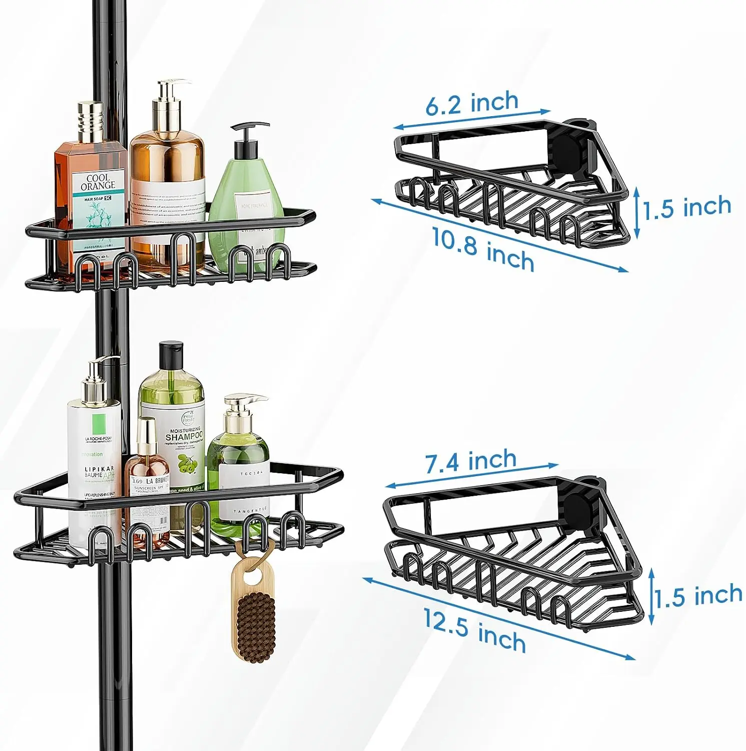 4-Tier Corner Shower Caddy Tension Pole, Adjustable 62-115 Inch Rustproof Bathroom Organizer, No-Drill Bathtub Storage Shelf with Hooks, Self-Draining Shelves for Shower & Bathroom