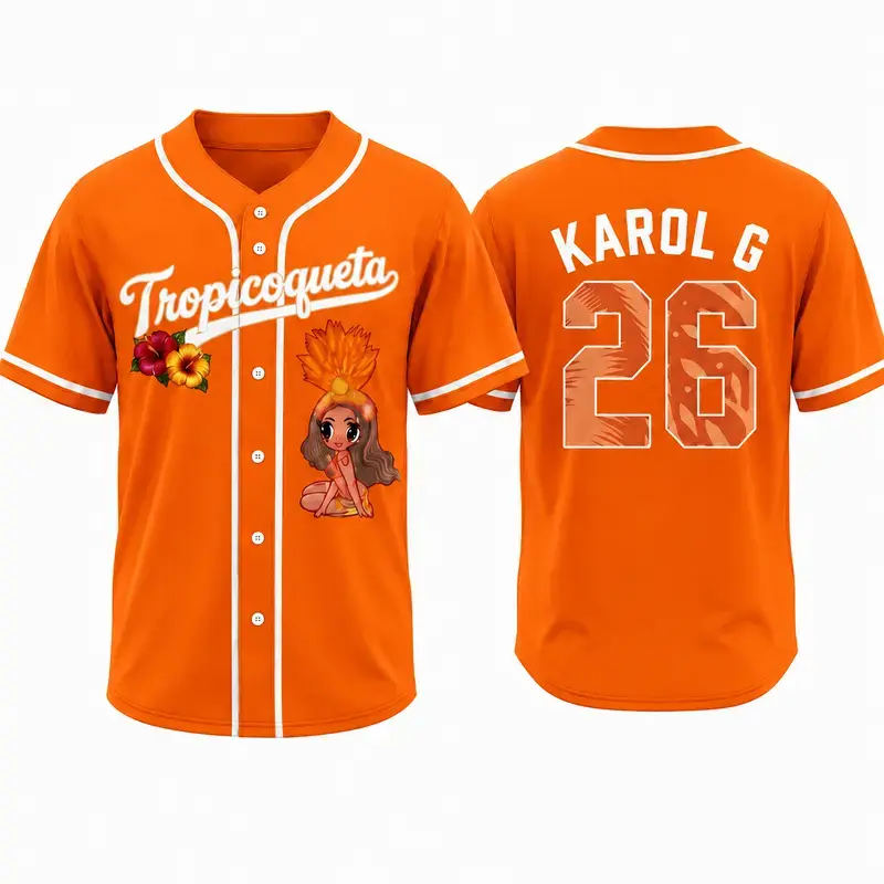 Unisex K-Karol Tropicoqueta Baseball Jersey, Viajando Por El Mundo Button Down Jersey, Orange Black Beige Graphic Baseball Shirt, Latin Music Fan Gift