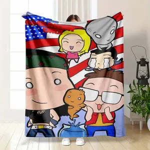 American Dad Chibi Whimsical Cartoon Flannel Blanket - Character Graphic Blankets, Ultra-Soft Plush Lightweight, Vibrant Character Art Print, Cozy Warm for Living Room Sofa, Camping, Whimsical Cartoon Blankets