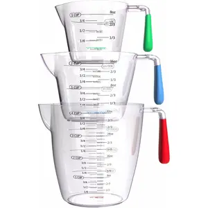 3 count Plastic Measuring Cups Set -  Liquid Nesting Stackable Measuring Cups with Spout and Decorative Red Blue and Green Handles - includes 1, 2 and 4 Cup with Ml and Oz Measurement